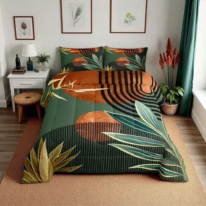 Mid Century Bedding Set,Vintage Bohemian Comforter Set,Modern Minimalist Bedding Sets, Abstract Geometric Stripes Art,Green Orange Quilt