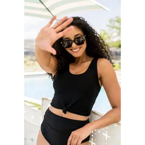 Traveler Top | Black - Adjustable Knotted Front, Soft Ribbed Material, Fully Lined, Removable Pads, Full Shelf Bra Support, Best Seller, Women's Swim Top