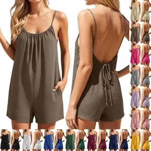 Women's Summer Boho Romper Casual Sleeveless Spaghetti Strap Backless Short Jumpsuit with Pockets Solid Color Open Back Tie Loose Flowy Playsuit Comfortable One Piece Outfit Beach Vacation Resort Holiday Loungewear Cute Sexy Party Clubwear for Ladies
