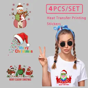 4PCS Christmas Heat Transfer Stickers Set Cartoon Snowman Santa Hat Rooster Patterns Holiday Decor DIY Clothing T-shirt Sweatshirt Printing Stickers