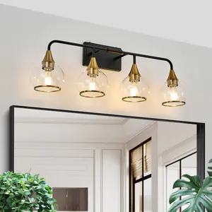 31" Modern 4-Light Vanity Wall Sconce - Black and Gold Bathroom Light Fixture with Clear Glass Shades, Industrial Wall Mounted Lamp for Mior, Vanity, and Living Spaces (Bulb Not Included)