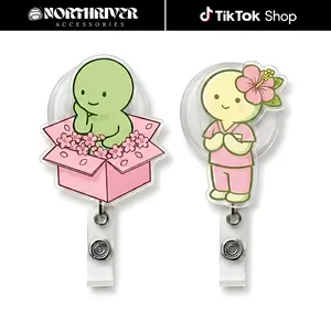 Cute Smiski Cherry Blossom Nurse Badge Reel Retractable Set Kawaii Pink Scrub Cartoon Acrylic ID Card Holder For Medical Nurses Teachers Students