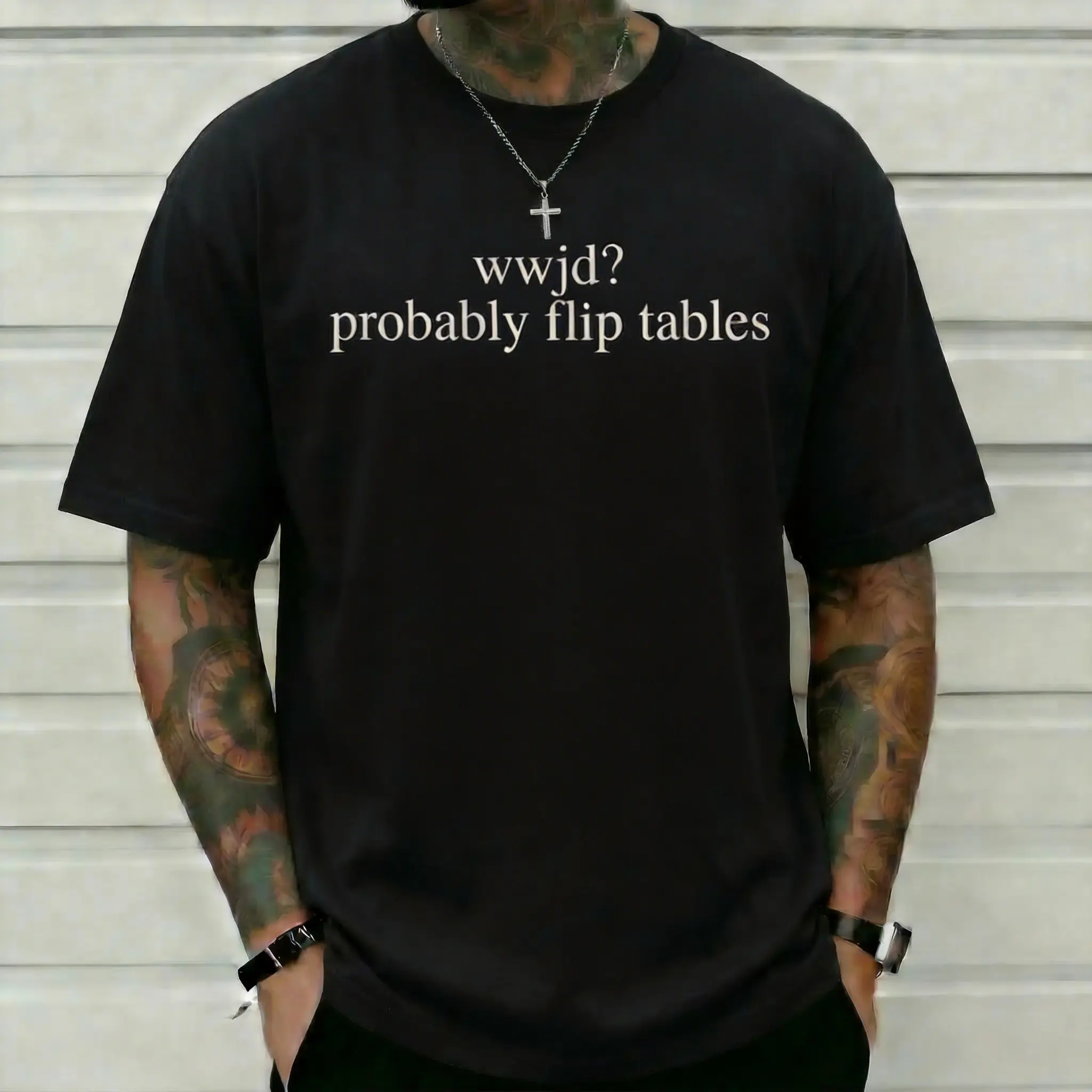 WWJD Graphic T-Shirt, Funny Christian Humor 'Probably Flip Tables' Print, Unisex 100% Cotton Casual Short Sleeve Apparel