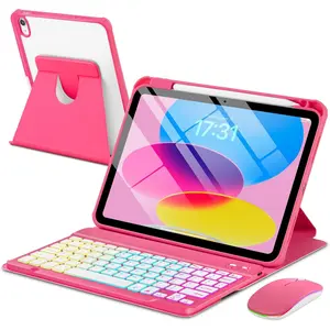 Case with Keyboard Mouse for iPad A16 11th 10th Generation 11/10.9 inch,Rainbow Backlit Detachable Keypad Rotatable Magnetic Cover Pencil Holder for iPad 11 2025 10 Gen 2022 Watermelon Red