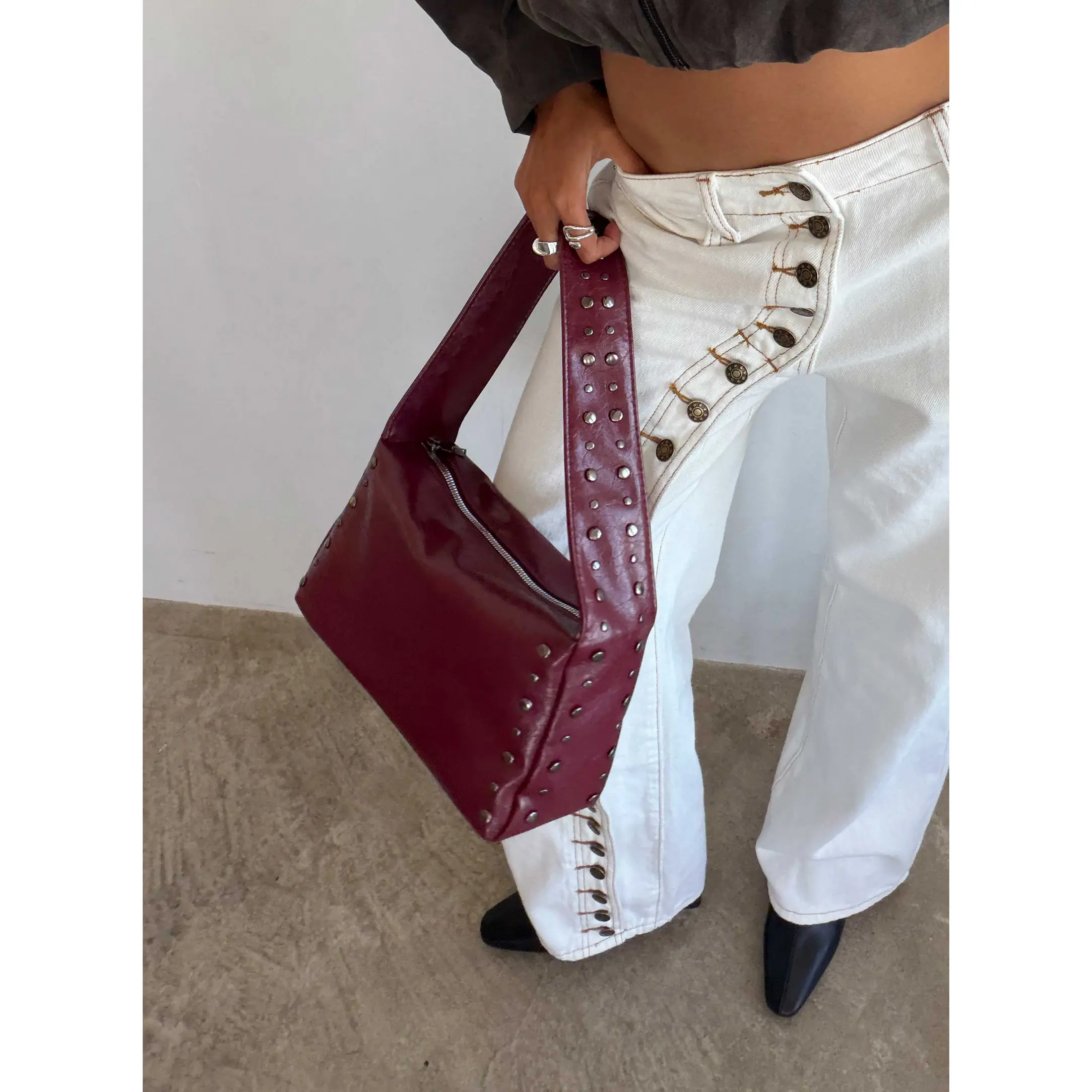 Kaiser Stud Detail Shoulder Bag Burgundy