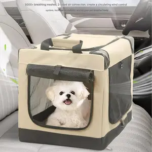 Pet Carrier Large Space Floding Design for Travel khaki ldeal for small Dog&Large Cat Lover 20x14x14 Inch Soft waterproof mesh window, suitable for car interior