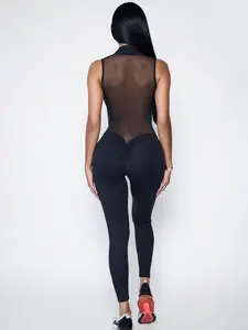 ZASUWA Female Sexy Sheer Mesh Back Deep V Back Scrunch Bum Zipper Jumpsuit poster girl jumpsuit