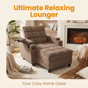 6-Position Chaise Lounge Sleeper – Built-in USB Ports, Cup Holder & Swivel Side Table, Coffee Recliner Chair Bed for Living Room