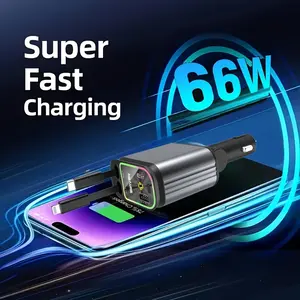 Star Projection Night Light Charger, LED Decorative Romantic Roof Ceiling Light, 4-In-1 Fast Charging USB Car Adapter, 66W with 2.6Ft Retractable Cable, Adjustable Orientation And 2 USB Ports, Perfect for Apple And for Android Phone Holiday Gifts