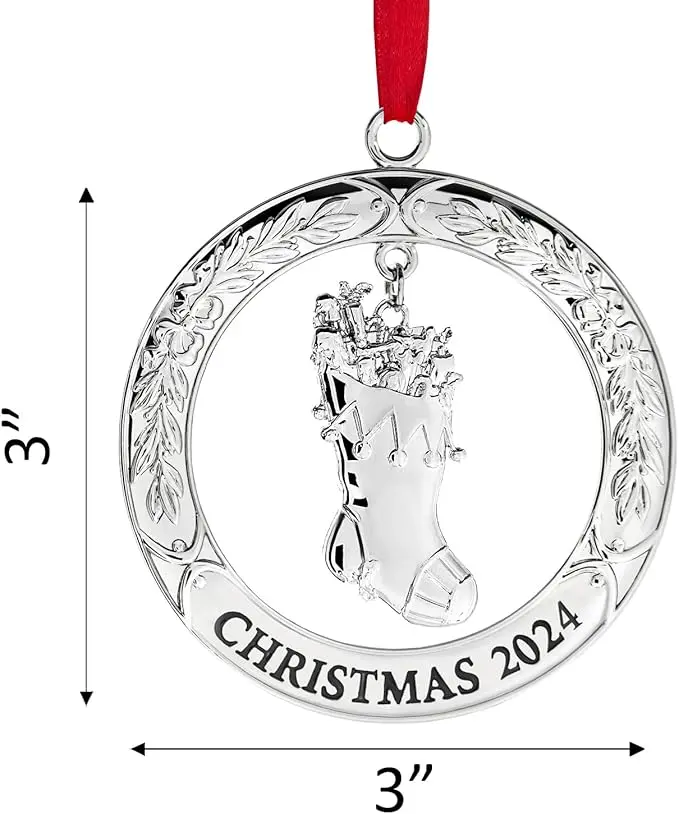 Klikel Christmas Ornament 2024 - Shiny Silver Christmas Ornament 2024 Wreath with Stocking - Dated 2024 Christmas Ornament - 2024 Ornament for Christmas Tree - Stocking Ornament for Holidays 2024