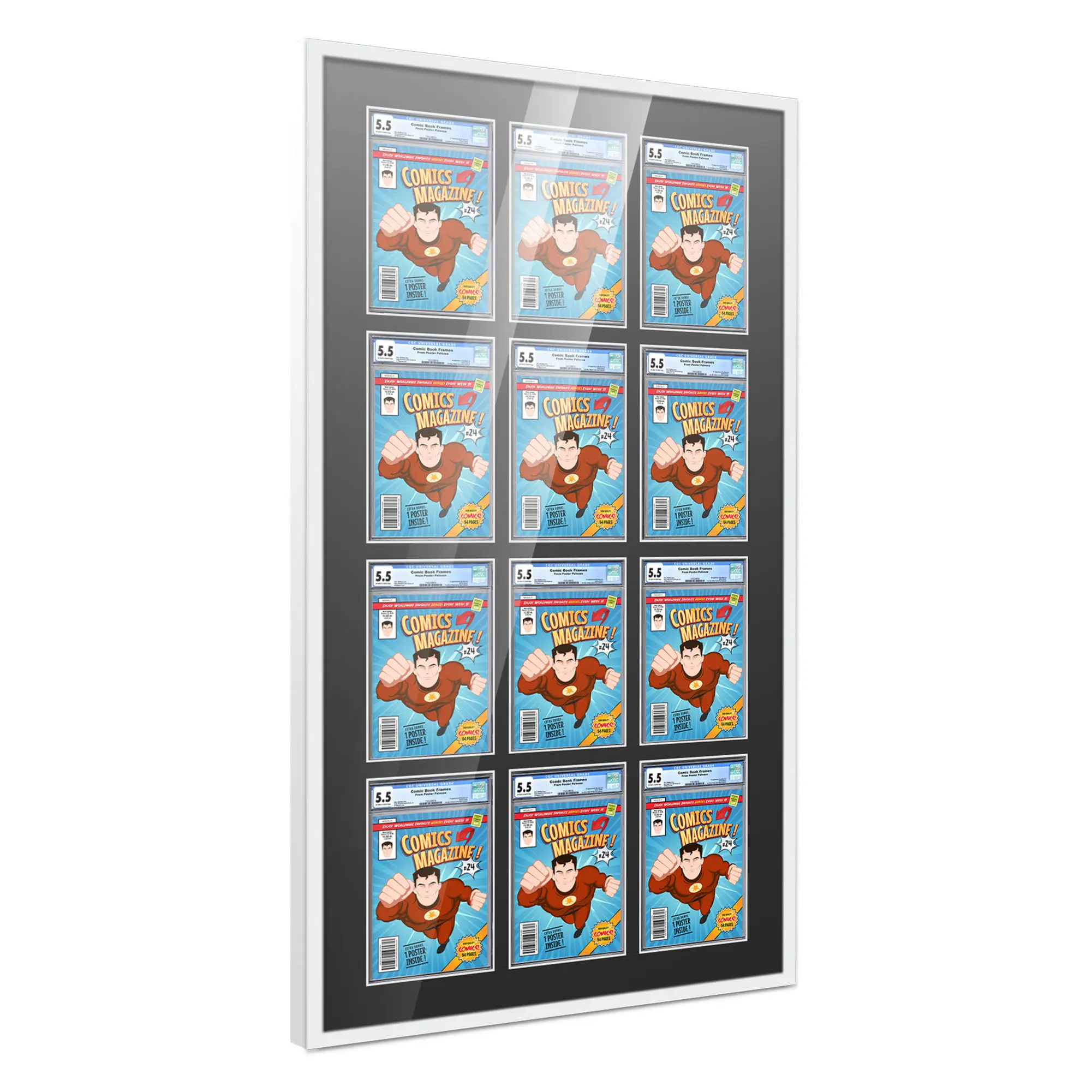 Comic Book Frame with Mat for 12 Graded Comics - White Wood Comic Frame With Black Mat for 8.125x13 Comics - 30x58.5 Frame Size