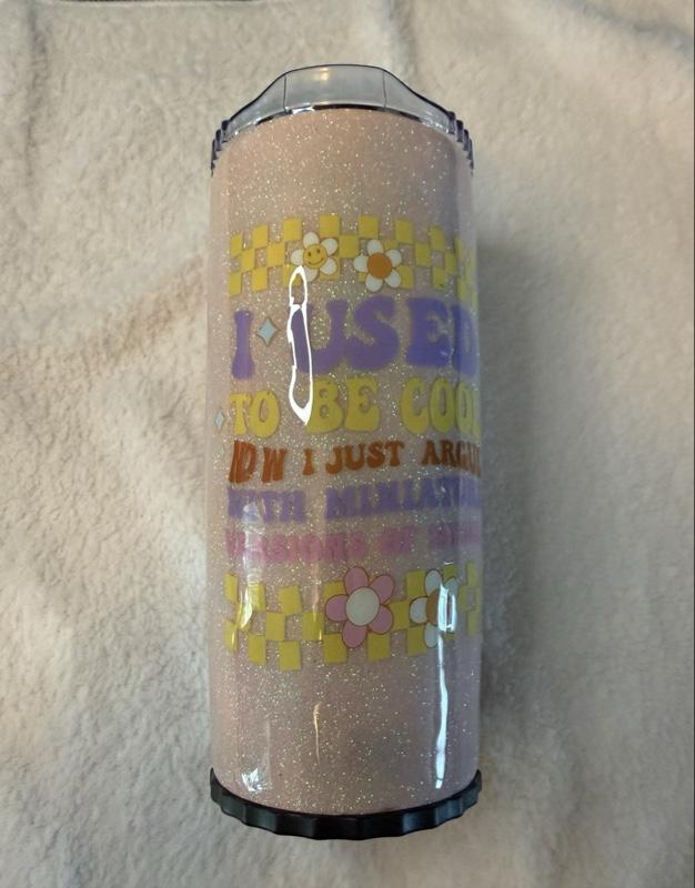 I Use To Be Cool But Now I Just Argue With Miniature Versions Of Myself 20 oz epoxy tumbler with metal foldable straw in bottom.