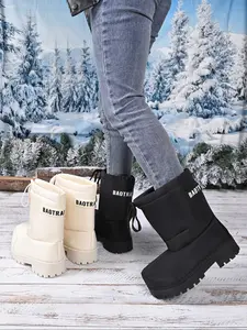Women's Fashionable Drawstring Snow Boots, Warm Height Increasing Ski Boots, Fleece Lined, Thick Sole, Slip Resistant Boots, Casual Winter Shoes