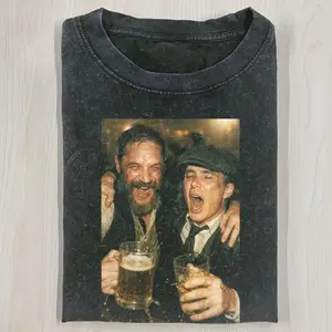 Funny Thomas Shelby And Alfie Solomons Drinking Meme Graphic T-Shirt, Peaky Blinders BBC Gangster Series Vintage Bar Scene Parody Humor Streetwear Tee For Peaky Blinders Fans, Unisex Cotton Crewneck T-Shirt Menswear Womenswear Streetwear Top