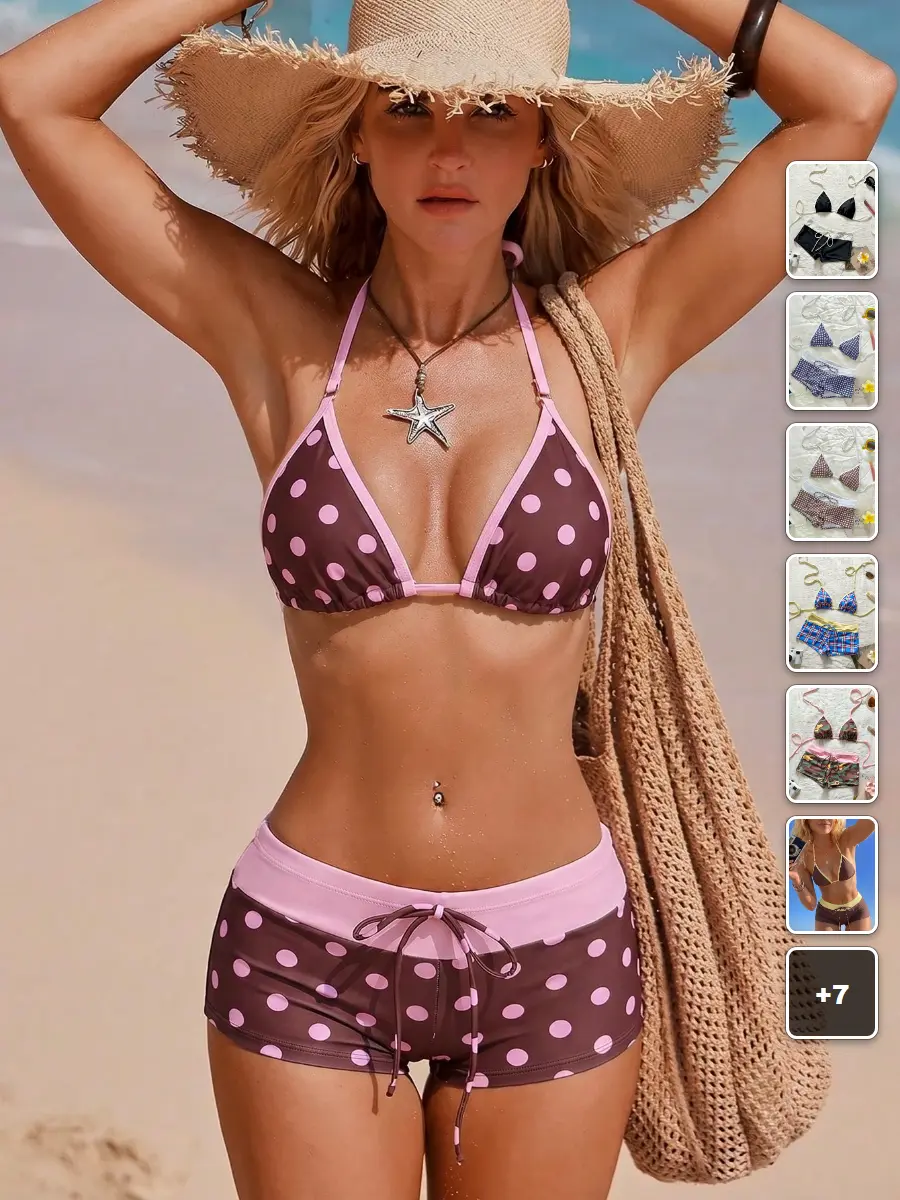 Bikini Set Brown Gingham High Waist Shorts Tropical Beach Vacation