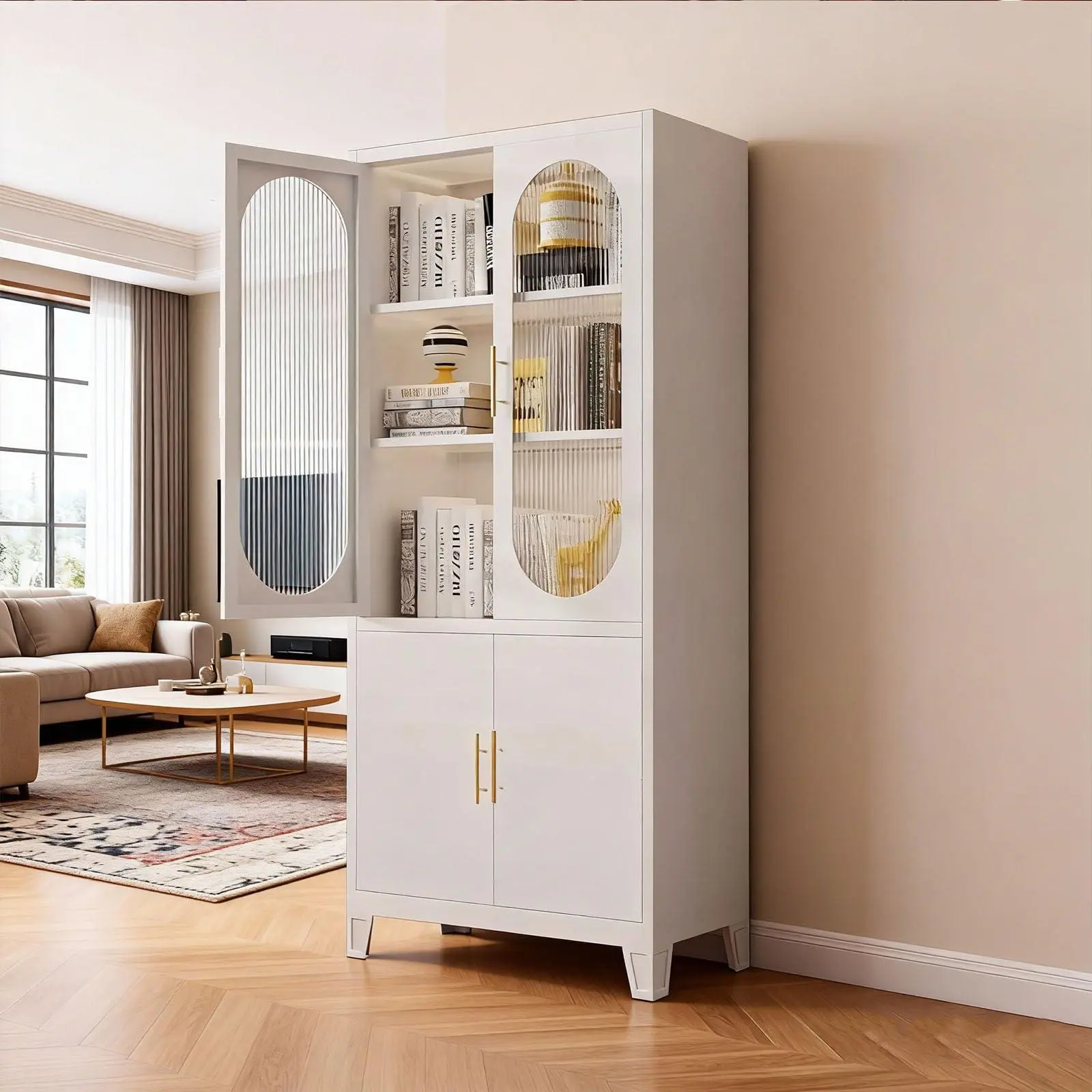 Garvee Pantry Cabinet with Fluted Glass Doors, 71" Kitchen Storage Cabinet, Metal Accent Storage Cupboard for Dining Room and Kitchen Organization