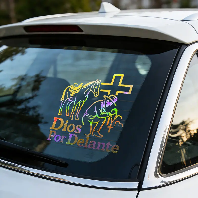 Holograph Waterproof Vinyl Car Decal 7.8" Rainbow Cross Jesus Sticker UV & Water Proof Gift for Car Laptop Bumper Window Easy Apply Durable Stylish Design Versatile Use,Dios Por Delante ，Cross Jesus Vinyl Decal Sticker， car stuff，car decor，car decoration,
