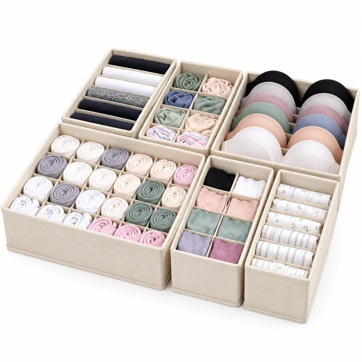 Oxford Cloth Fabric Closet Drawer Storage Bins - Foldable with Built-in PP Boards, Drawer Dividers for Socks, Underwear, Bras & Small Garments, Home Organizer Solution for Families, Dresser & Closet Use