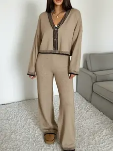 Elegant Women's V Neck Knit Top Set, Matching Loose Fit Long Sleeve Cardigan & Pants, Casual Fashion Outfit for Spring Autumn Winter
