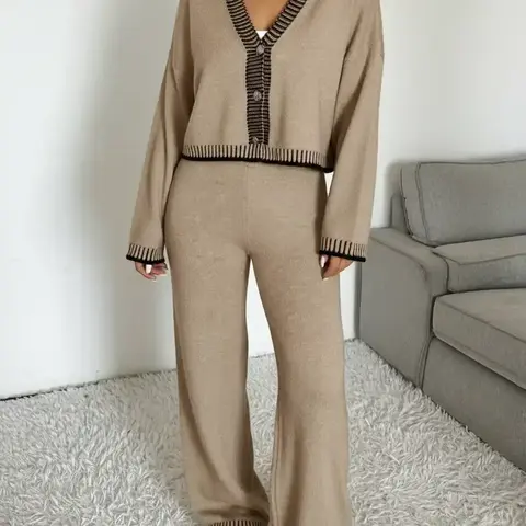 Elegant Women's V Neck Knitted Top Set, Matching Loose Fit Oversized Baggy Long Sleeve Button Cardigan & Trouser Pants, Casual Fashion Outfit for Spring Autumn Winter Womenswear Knitwear Set