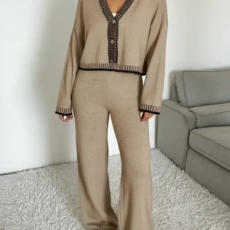 Elegant Women's V Neck Knitted Top Set, Matching Loose Fit Oversized Baggy Long Sleeve Button Cardigan & Trouser Pants, Casual Fashion Outfit for Spring Autumn Winter Womenswear Knitwear Set