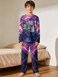 Two-piece Boys' Long-Sleeve and Long-Pajama Set in Phantom Purple Interstellar Pattern, featuring digital printing and flame-retardant fabric, soft loungewear ensures comfortable sleep for children, ideal gift, Cartoon Print Sleepwear