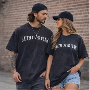 Faith Over Fear Christian Oversized T-Shirt | Vintage Acid Wash Cross Crown Shirt | Streetwear Faith Graphic Tee