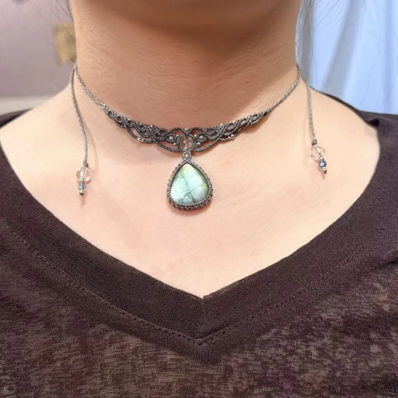 Labradorite Macrame Necklace - Handcrafted Custom Made Jewelry, Decorative Fashion Minimalist Necklace, Boho Ethnic Magic Stone Jewelry, Made to Order Macrame Craft Gift