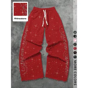 Unisex Street Style Rhinestone Hip-Hop Sweatpants, Long Sport Pants for Casual, Y2K Fashion, Gym Wear, Outdoor School