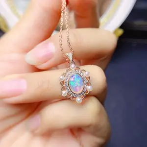 Opal 925 Sterling Silver Pearl Flower Necklace,Fire Opal Cubic Zicronia Birthstone Dainty Necklace For Women