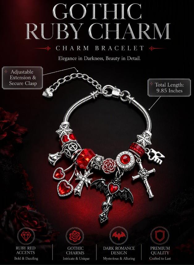 Silver‑Tone Adjustable Snake Chain Charm Bracelet for Women, Gothic Bracelet with Bat, Cross, Red Heart & Crystal Bead Charms, Punk Dark Fashion Jewelry, Halloween Costume Gift for Ladies Girls