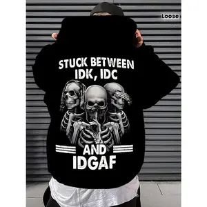 Men's skeleton print with IDK IDC IDGAF text Graphic Hoodie -Long Sleeve Pullover Regular Fit | Soft & Breathable Fabric, Durable Print, Everyday Comfort, Machine Washable, casual urban streetwear outdoor urban setting