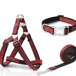 Reflective Dog Harness Collar Leash Set, No Pull Harness for Dog, Quick Release Buckle Harness for Walk, Run, Training, Double D-Ring Step in Dog Harness for Dog Girls and Boy, Red
