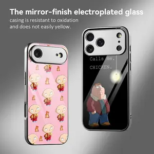 Family Peter Griffin Cartoon Phone Case For iPhone 12–17 Series Electroplated Metal Bumper with Tempered Glass Back