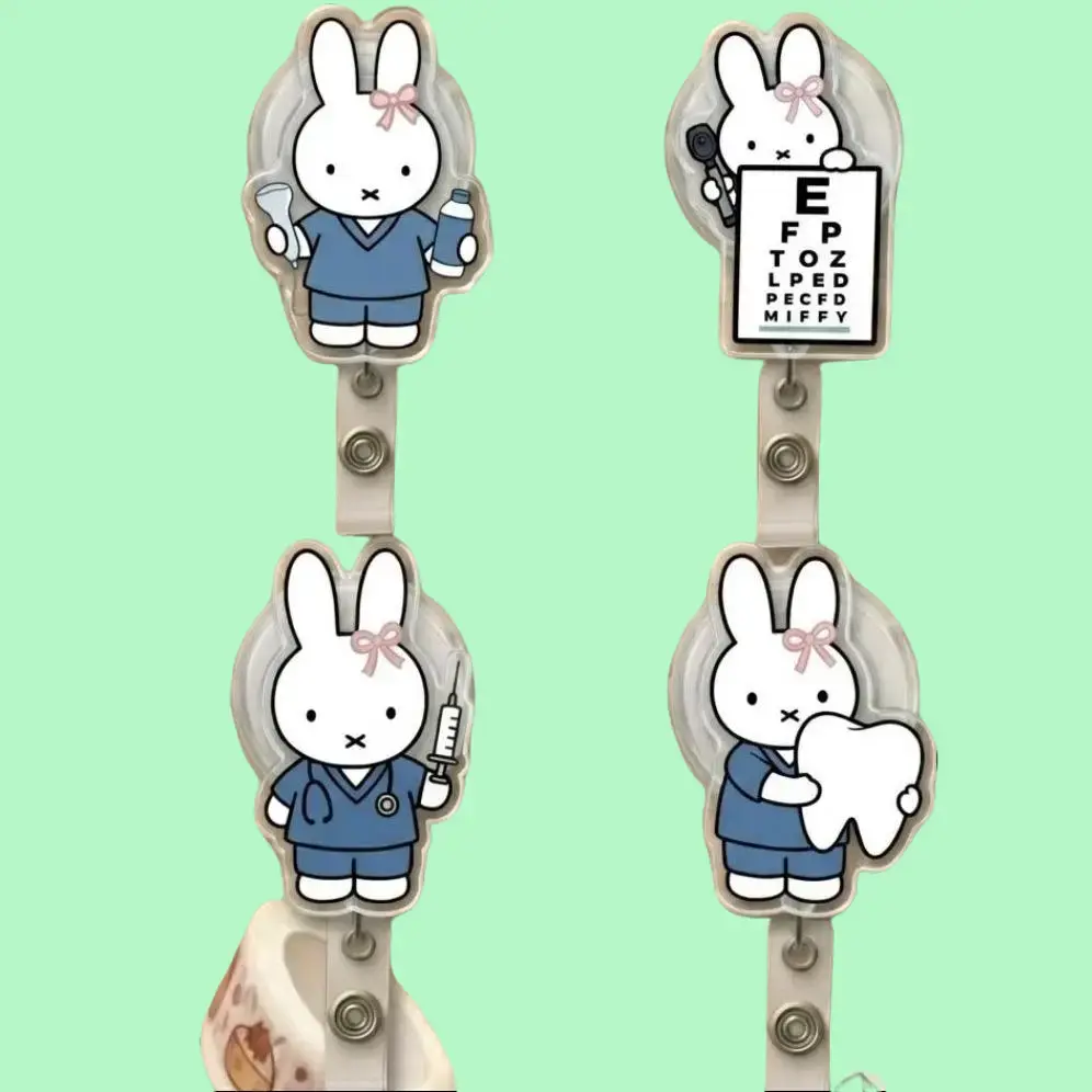 Cute Bunny Rabbit Sparkly Retractable Badge Reel Kawaii Snellen Chart Syringe Tooth Ultrasound Acrylic ID Holder For Nurse Dentist Tech Gift