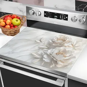 One Stove Cover Protector Featuring a White Peony Floral Design on a Marble Backdrop, in White And Beige Colors. It Is Heat-Resistant And Scratch-Proof, Easy to Clean, Made from Durable Materials, And Serves As a Stove Mat. It Complements Any Kitchen