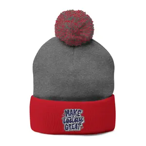 Make Today Great Pom Beanie Cozy Knit Winter Hat with Cuffed Design Soft Warm Fabric Classic Cuffed Beanie with Pom-Pom Top Embroidered Inspirational Design Comfortable Regular Fit Ideal for Fall and Winter
