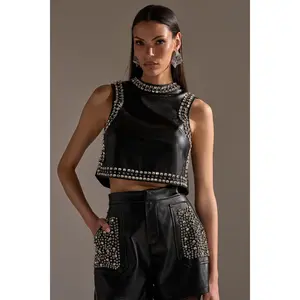 DANCE THE NIGHT AWAY FAUX LEATHER RHINESTONE BLOUSE