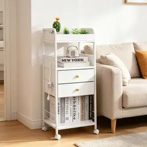 [HUOMAQFAN] 3-Tier Rolling Utility Cart with Drawer, Wooden Tabletop & USB Port, Metal Storage Shelf Organizer for Kitchen Bathroom Living Room, White
