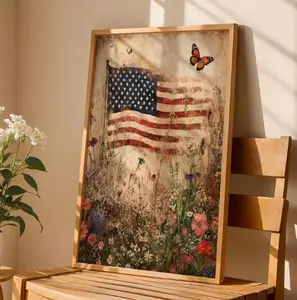 Vintage American Flag Wildflowers Unframed Canvas Wall Art Patriotic Print Rustic Fourth of July Decor Country Summer Home Red White Blue