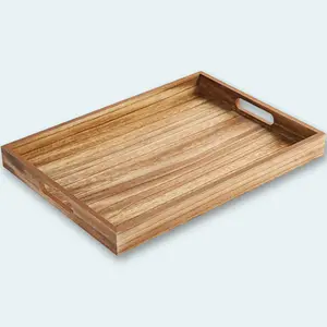 Wooden Serving Tray with Handles, Rustic Brown Rectangular Serving Platter 15.7x11.4 Inch for Coffee Table, Decorative Storage Tray