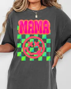 Neon Mama Graphic Shirt Comfort Colors Retro Mama Shirt Women's Band Graphic Tee Casual Comfy Graphic Crew Neck Top Short Sleeve All Seasons Machine Washable Made in USA