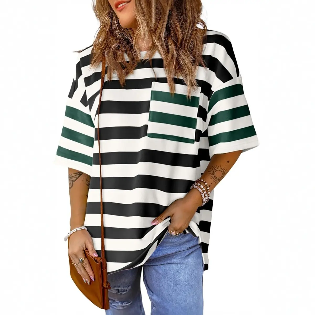 TANKANEO Women's Color-Block Striped Oversized Short-Sleeve Round-Neck T-Shirt - Casual Streetwear for Back to School Haul, Loose-Fit Women's Clothes Summer Top