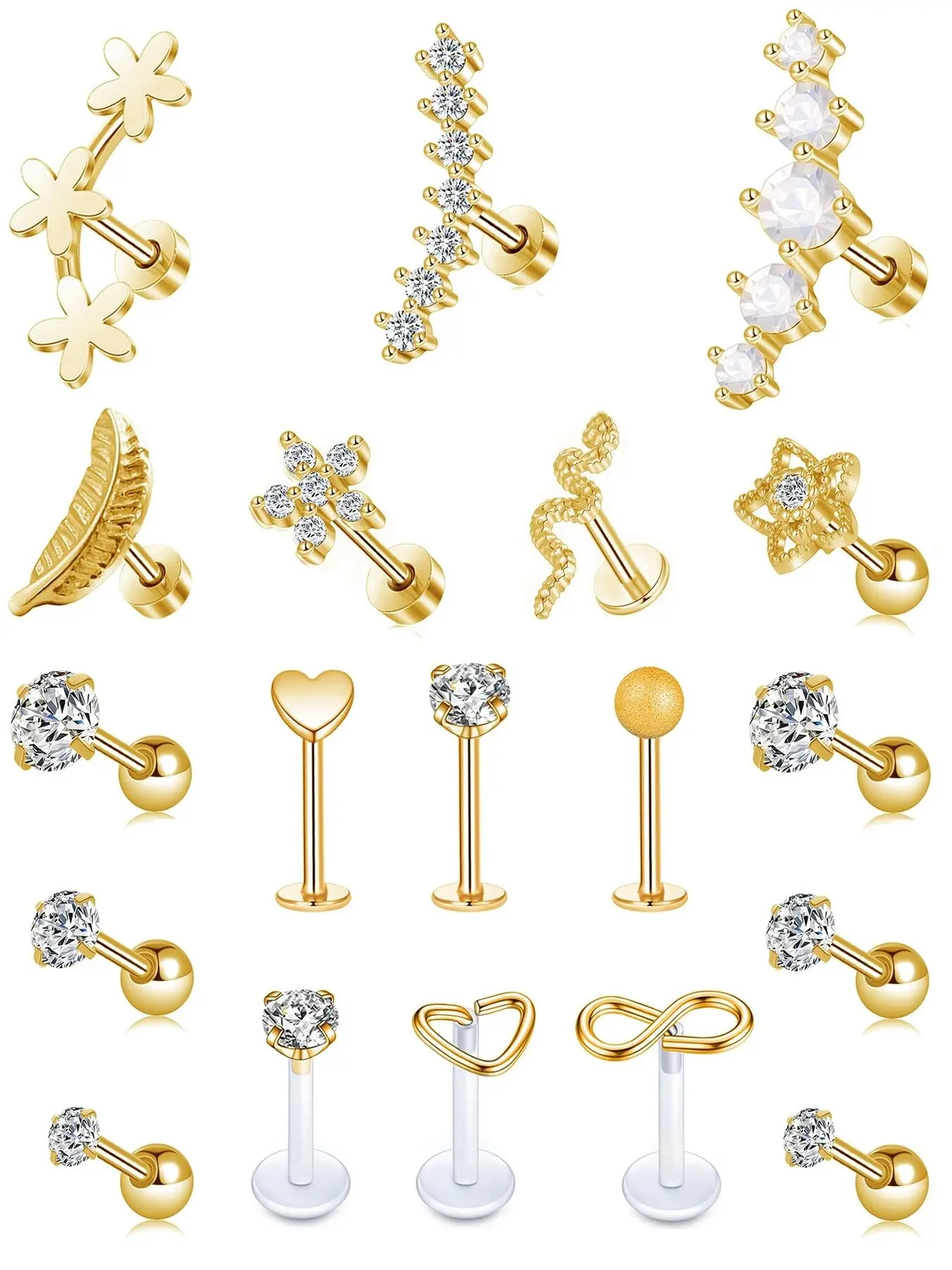 19 Pcs Piercing Jewelry Set, Body Piercing Kit, Body Piercings Set, (Multi-Use for Cartilage/Tragus/Helix Earring, Lip/Nose Ring, Shiny CZ Stones & Flower/Star Designs, 5.5mm Wearable Length) for Women & Girls (Daily Wear, Piercing Styling & Party Loo