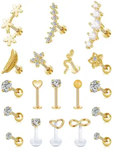19 Pcs Piercing Jewelry Set, Body Piercing Kit, Body Piercings Set, (Multi-Use for Cartilage/Tragus/Helix Earring, Lip/Nose Ring, Shiny CZ Stones & Flower/Star Designs, 5.5mm Wearable Length) for Women & Girls (Daily Wear, Piercing Styling & Party Loo