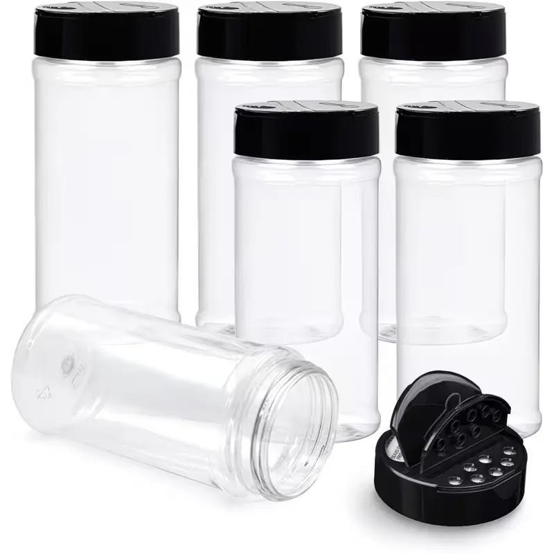 Set of 6 Plastic Spice Containers, Each 500ML/16 Oz, Featuring Black Caps And Transparent, Safe Bottles with Shaker Tops for Storing Spices, Herbs, And Seasoning Powders