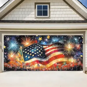 Large Patriotic 6x13FT Garage Door Banner, Outdoor Garage Door Cover with Flag & Fireworks, Ideal Garage Decoration for Parties and Home Decor