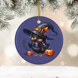 Chicken Witch Ceramic Ornament Halloween Decor, Halloween Tree Decoration - Circle, Star, Heart and Oval Shapes