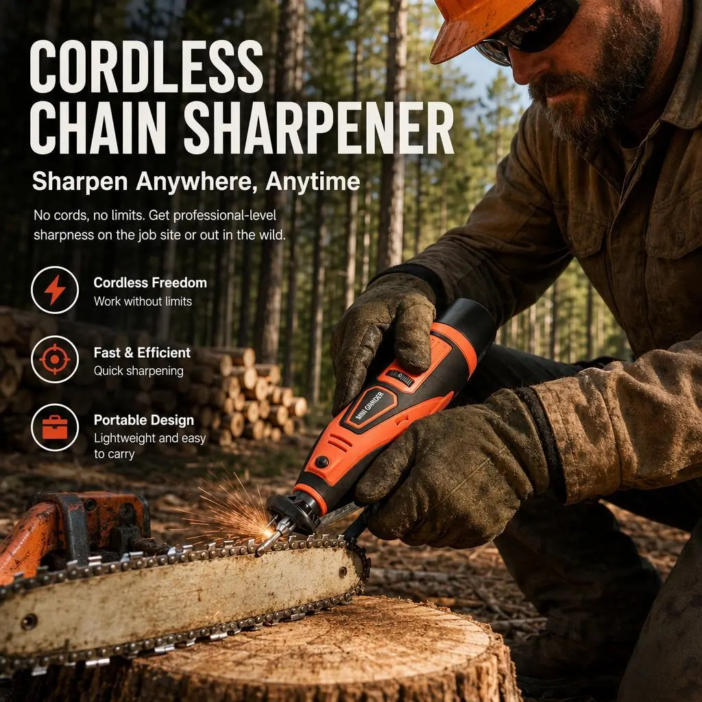 Cordless Chainsaw Sharpener Kit, Rechargeable Handheld Electric Chain Saw Grinder with Angle Guide, Diamond Sharpening Bits for All Chainsaw Chains Portable Saw Chain Sharpening Tool