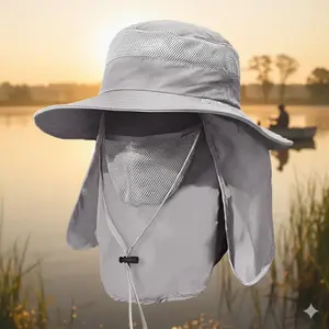 Adjustable Outdoor Sun Hat with Wide Brim UV Protection, Breathable Lightweight Unisex Fishing Cap, Removable Mesh Neck Cover and Windproof Strap, Protector